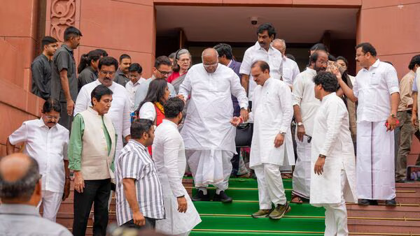 INDIA bloc parties walk out of Rajya Sabha during PM's speech after Kharge not allowed to intervene